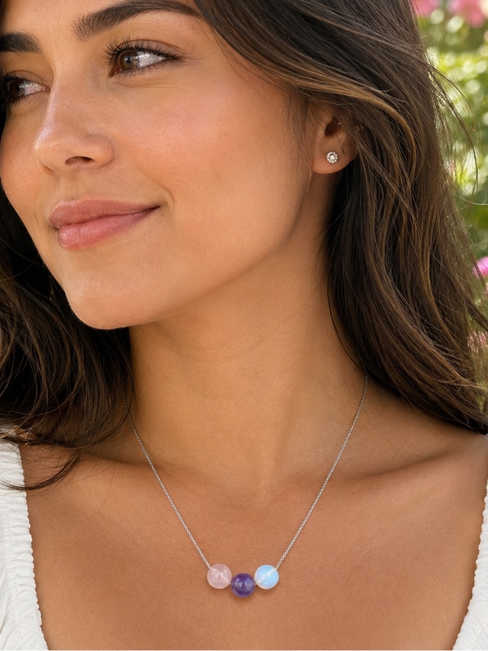 Trilogy Rose Quartz Amethyst Opalite Gemstone Bar Necklace